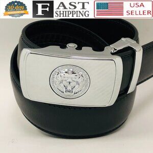 Black Leather Belt Automatic Silver Lion Head Buckle Slide‎ Belts No Hole Dress